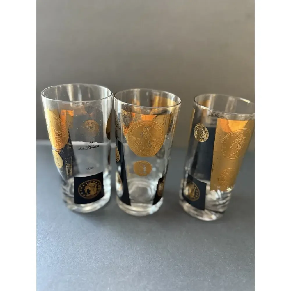 Vintage Cera 22K Gold Black Coin Hiball Glasses Tumblers 1960s Set (3) MCM Deco